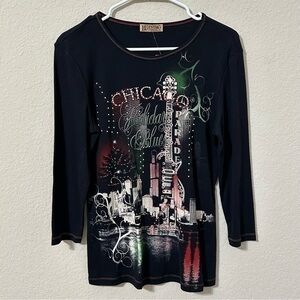 Blue Canyon Clothing Top Chicago Holiday Blues Parade Graphic Black Long Sleeve
